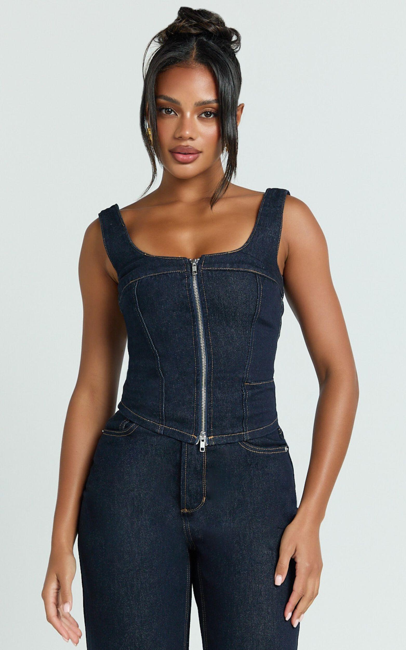 Bellerose Top - Front Zip Denim Fitted Top in Raw Denim with Tobacco Stitch Product Image