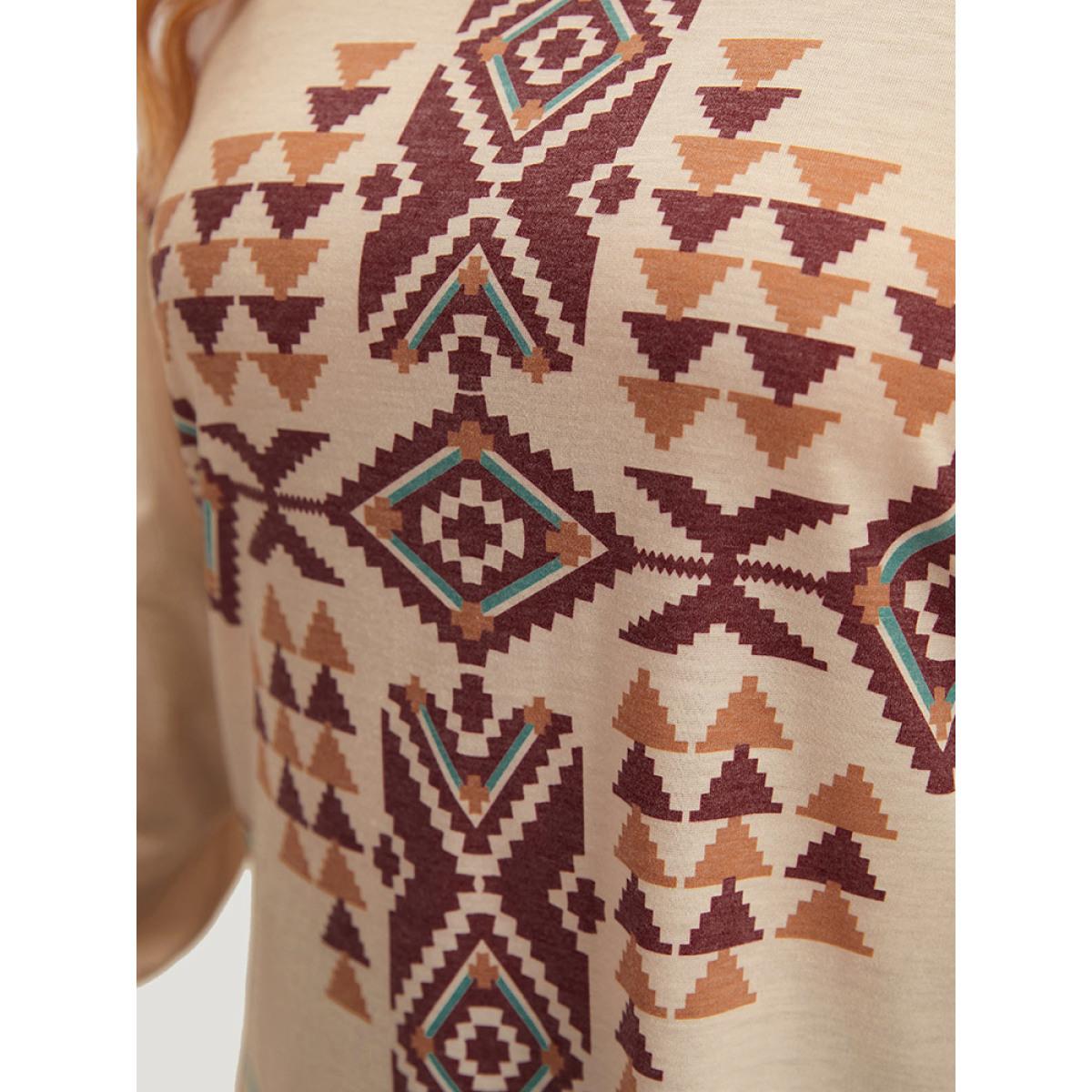 Plus Size Boho Print Crew Neck Curved Hem T-shirt Apricot Women Casual Printed Bohemian Print Round Neck Dailywear T-shirts BloomChic 14-16/1X Product Image