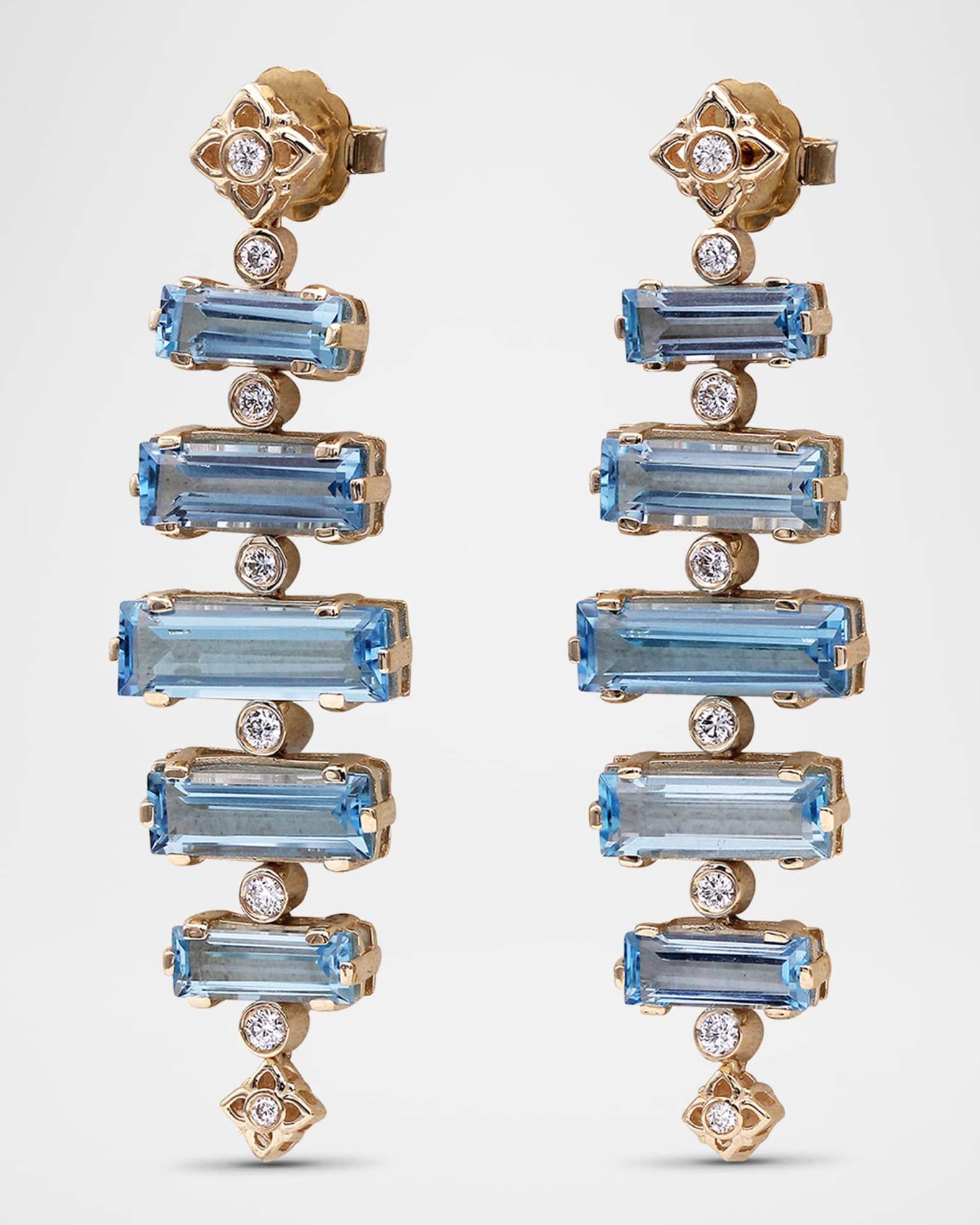 18K Yellow Gold Diamond and Baguette Swiss Blue Topaz Dangle Earrings Product Image