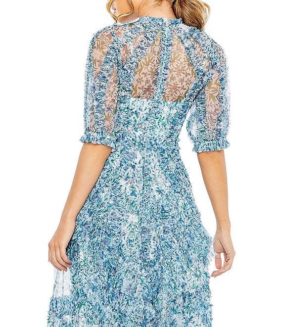 Mac Duggal Floral Print Chiffon Short Puffed Sleeve High Neck Midi Dress Product Image