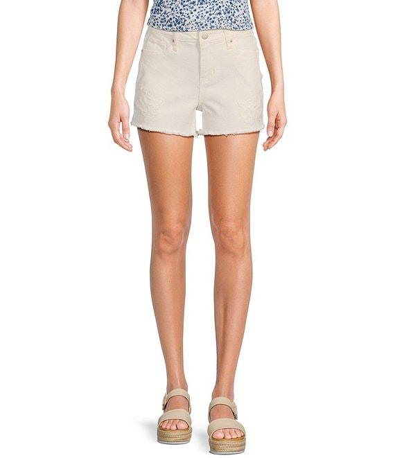 Prosperity Denim Mid Rise Crocheted Detail Frayed Hem Denim Shorts Product Image