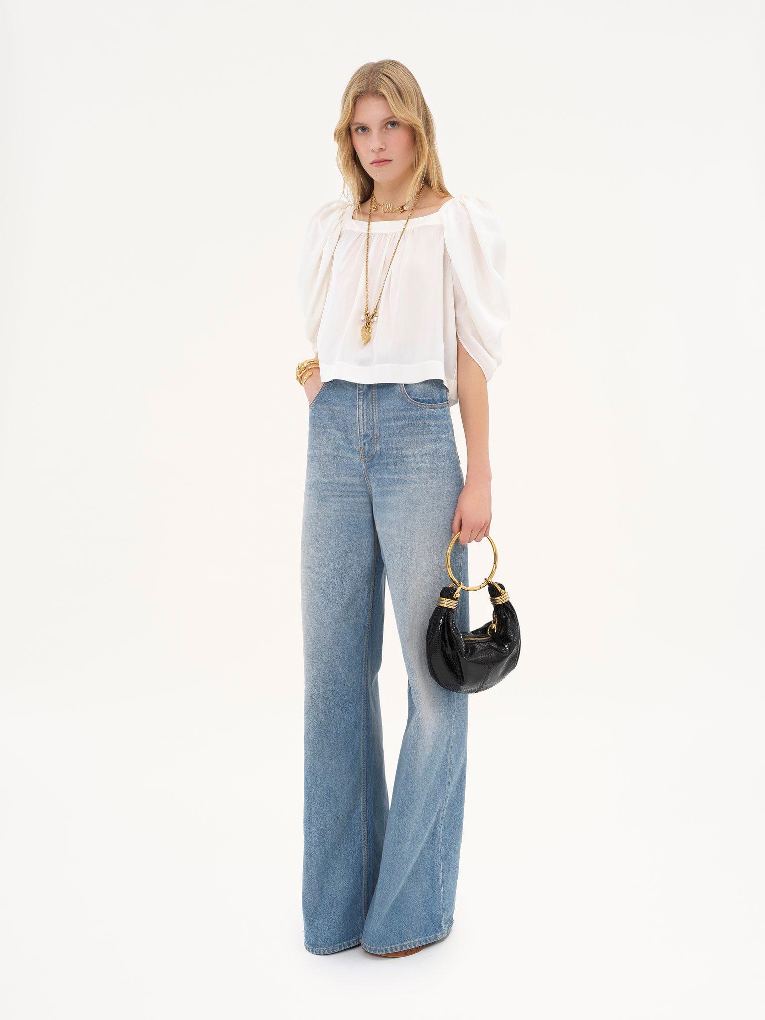 Puff-sleeve pleated top in silk poplin Product Image