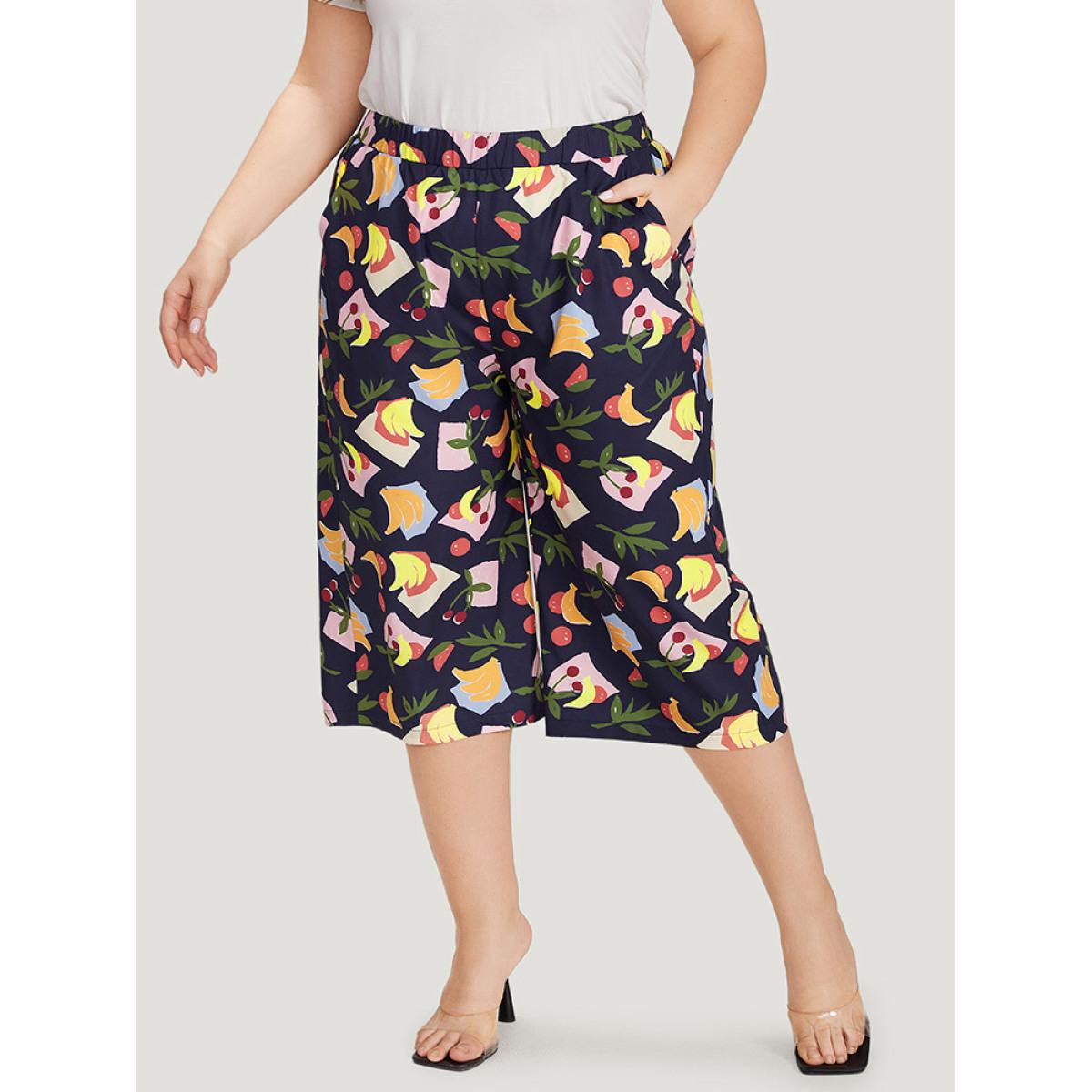 Plus Size Fruit Print Slant Pocket Elastic Waist Pants Women Multicolor Elegant High Rise Dailywear Pants BloomChic 12/L Product Image