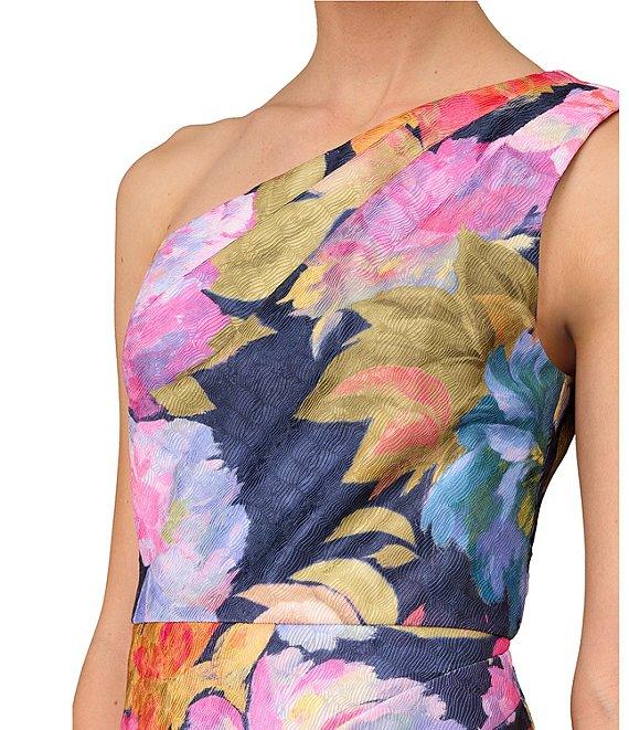 Aidan Mattox Floral One Shoulder Sleeveless Gown with Pleated Bodice and Front Slit Product Image