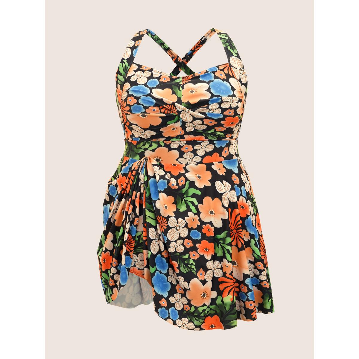 Plus Size Floral Heart Neckline Twist Front Swim Dress Women's Swimwear Multicolor Beach Bodycon Heart neckline High stretch Curve Swim Dresses BloomChic 22-24/3X Product Image