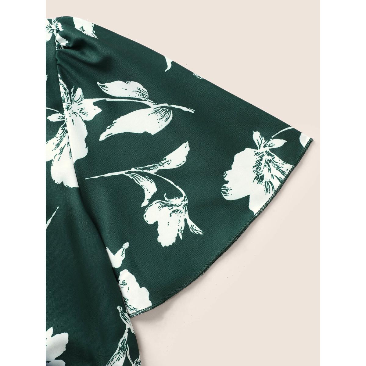 Plus Size Floral Ruffle Knot Side Wrap Dress DarkGreen Women Elegant Ruffles V-neck Short sleeve Curvy Midi Dress BloomChic 18/2X Product Image