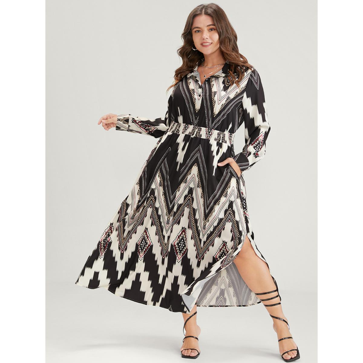 Plus Size Geometric Shirt Collar Pocket Button Up Shirred Dress Black Women Elegant Printed Shirt collar Long Sleeve Curvy Long Dress BloomChic 30/6X Product Image