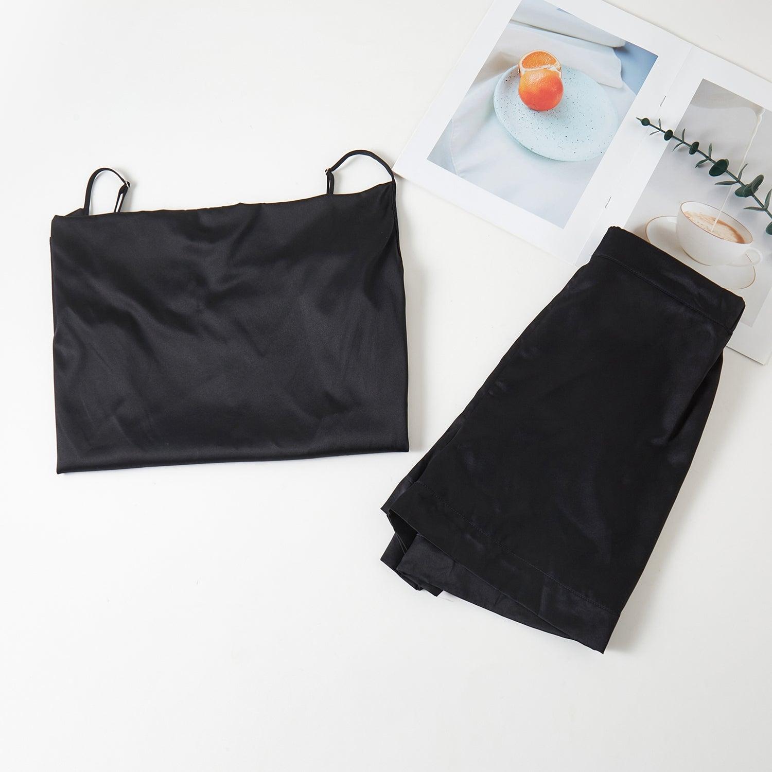 Black Pure Mulberry Silk Cowl Neck Camisole | High Waist Shorts | Lingerie Set | Spaghetti Strap Top | Bridesmaids Gift | Soar Collection Product Image