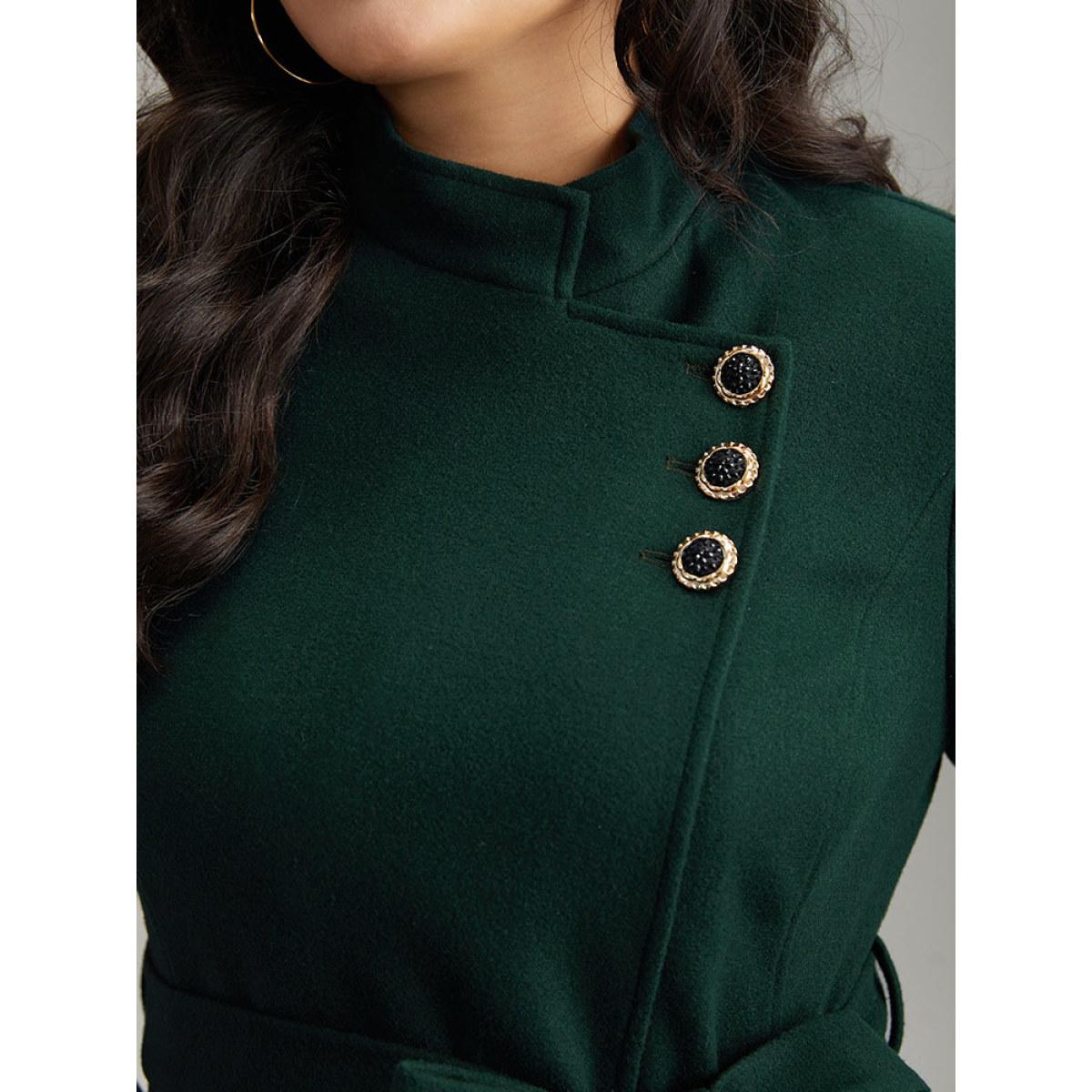 Plus Size Solid Metal Detail Belted Pocket Coat Women DarkGreen Elegant Plain Ladies Everyday Winter Coats BloomChic 28/5X Product Image