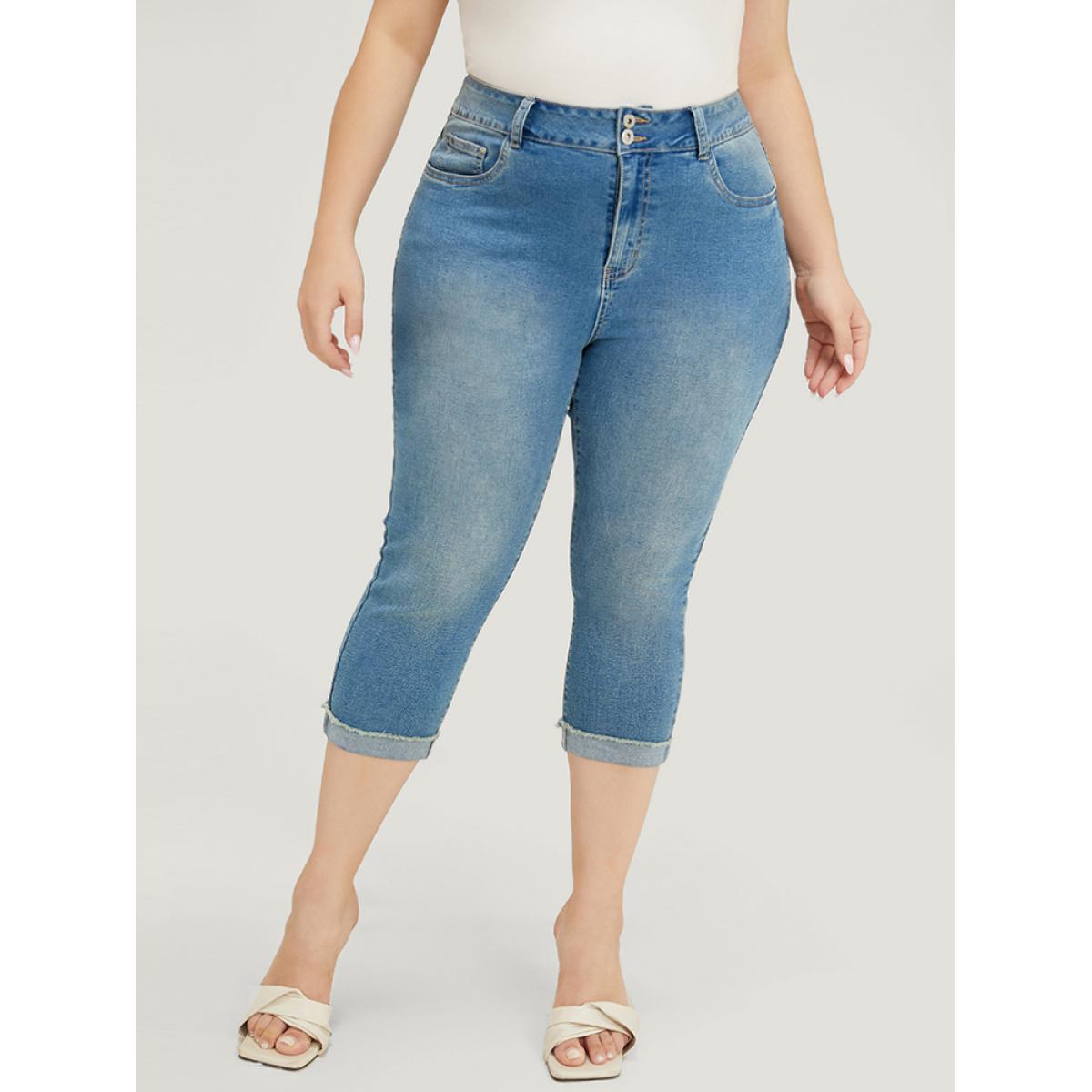 Plus Size Very Stretchy High Rise Medium Wash Roll Hem Cropped Jeans Women Cerulean Casual Plain High stretch Pocket Jeans BloomChic 24/3X Product Image