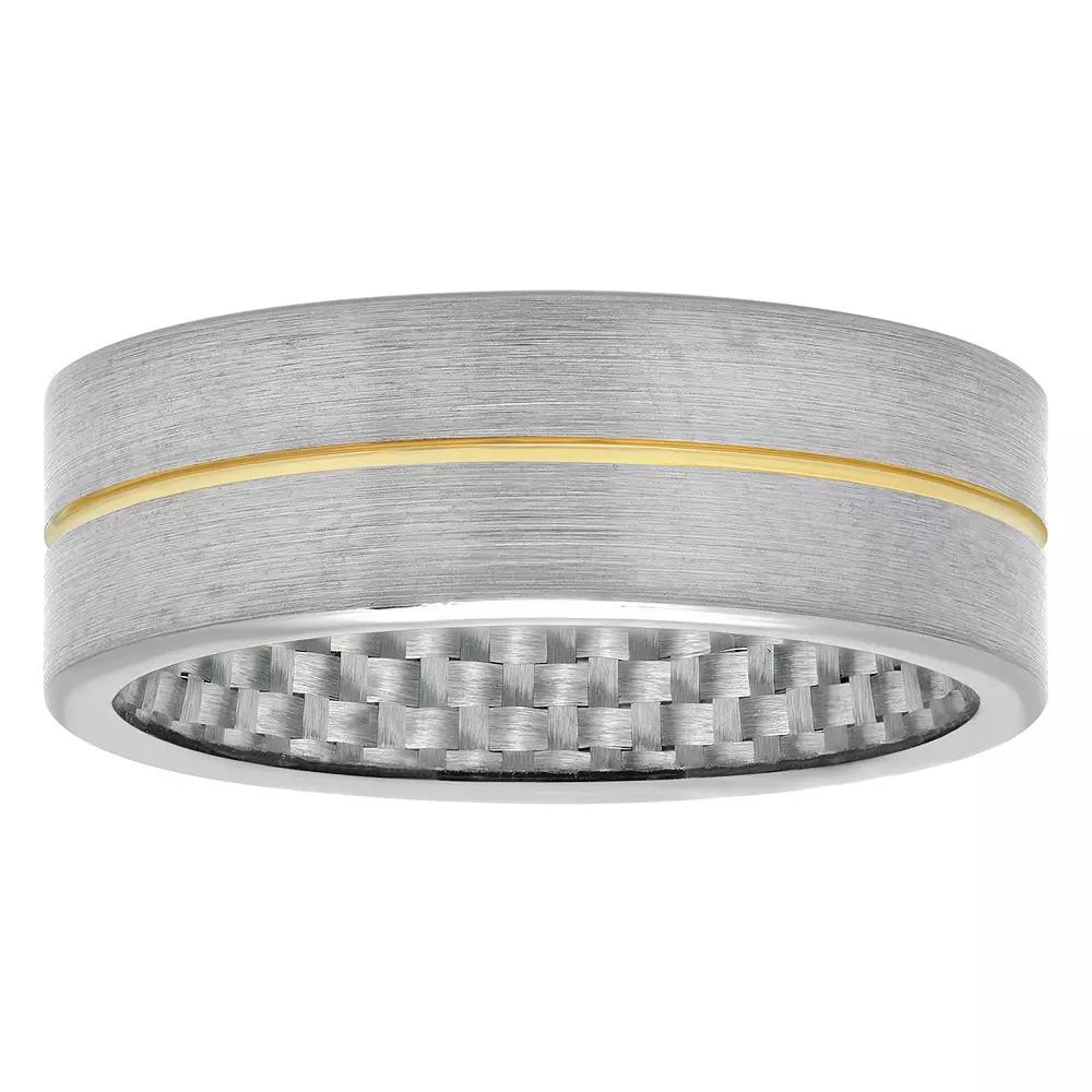 Mens Jewelry Nation Tantalum Yellow Ion Plated Stripe Gray Carbon Fiber Fashion Wedding Band Silver Gold Two Tone Product Image