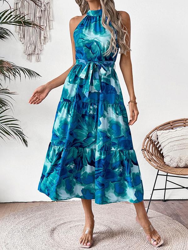 Loose Sleeveless Hollow Pleated Printed Split-Joint Tied Waist Round-Neck Midi Dresses Product Image