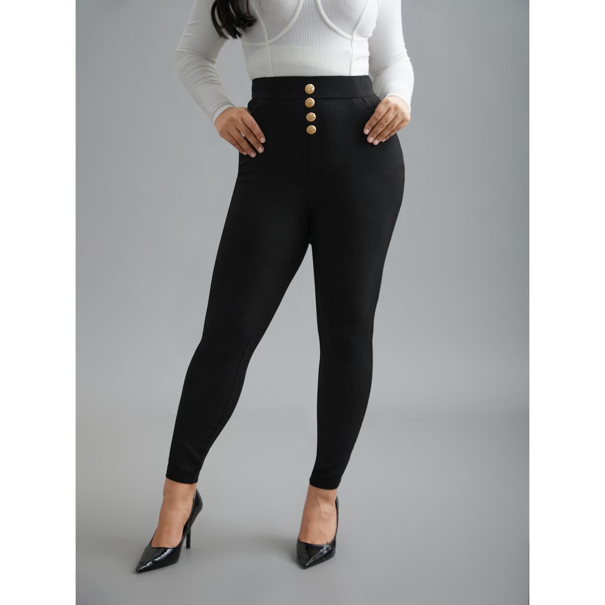 Plus Size Plain Button Detail Skinny Fit Pants Women Black Elegant Skinny Mid Rise Everyday Pants BloomChic 22-24/3X Product Image