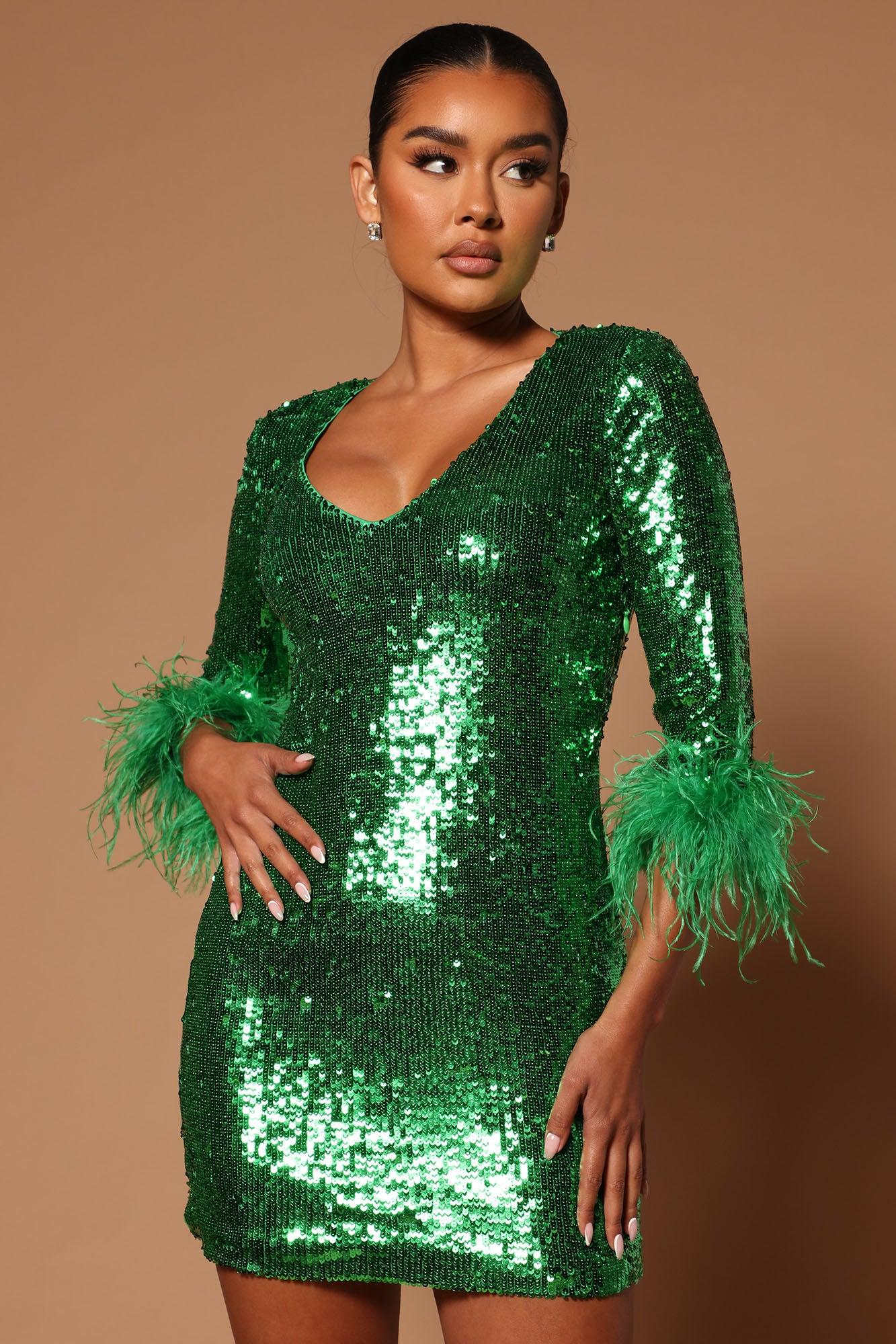 Brooke Sequin Feather Trim Mini Dress - Green Product Image