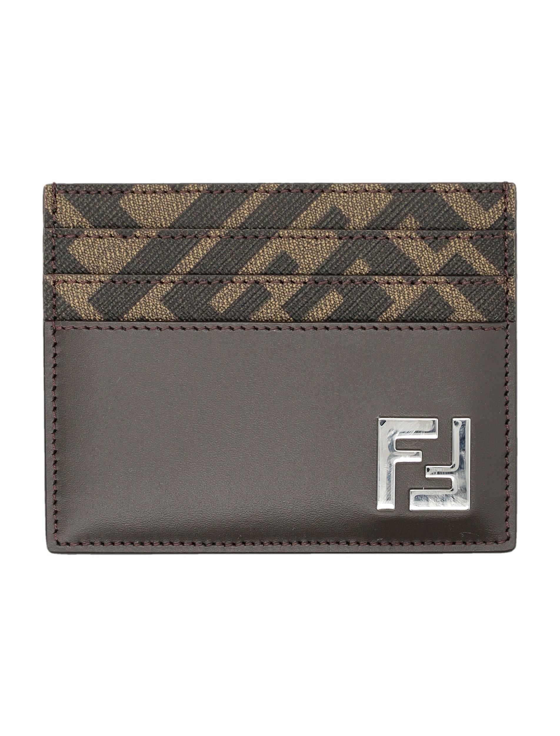 FENDI Brown Card-holder With Squared Ff Motif In Leather And Ff Canvas Man In Ebony Product Image