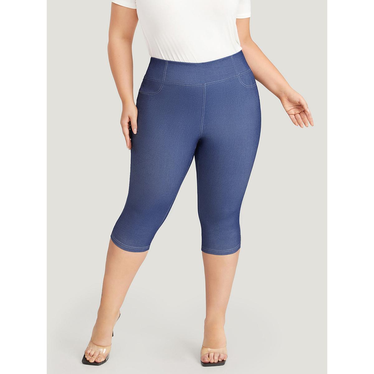 Plus Size Solid Stitch Wideband Waist High Rise Leggings Women Blue Casual High stretch Skinny High Rise Dailywear Leggings BloomChic 10/M Product Image