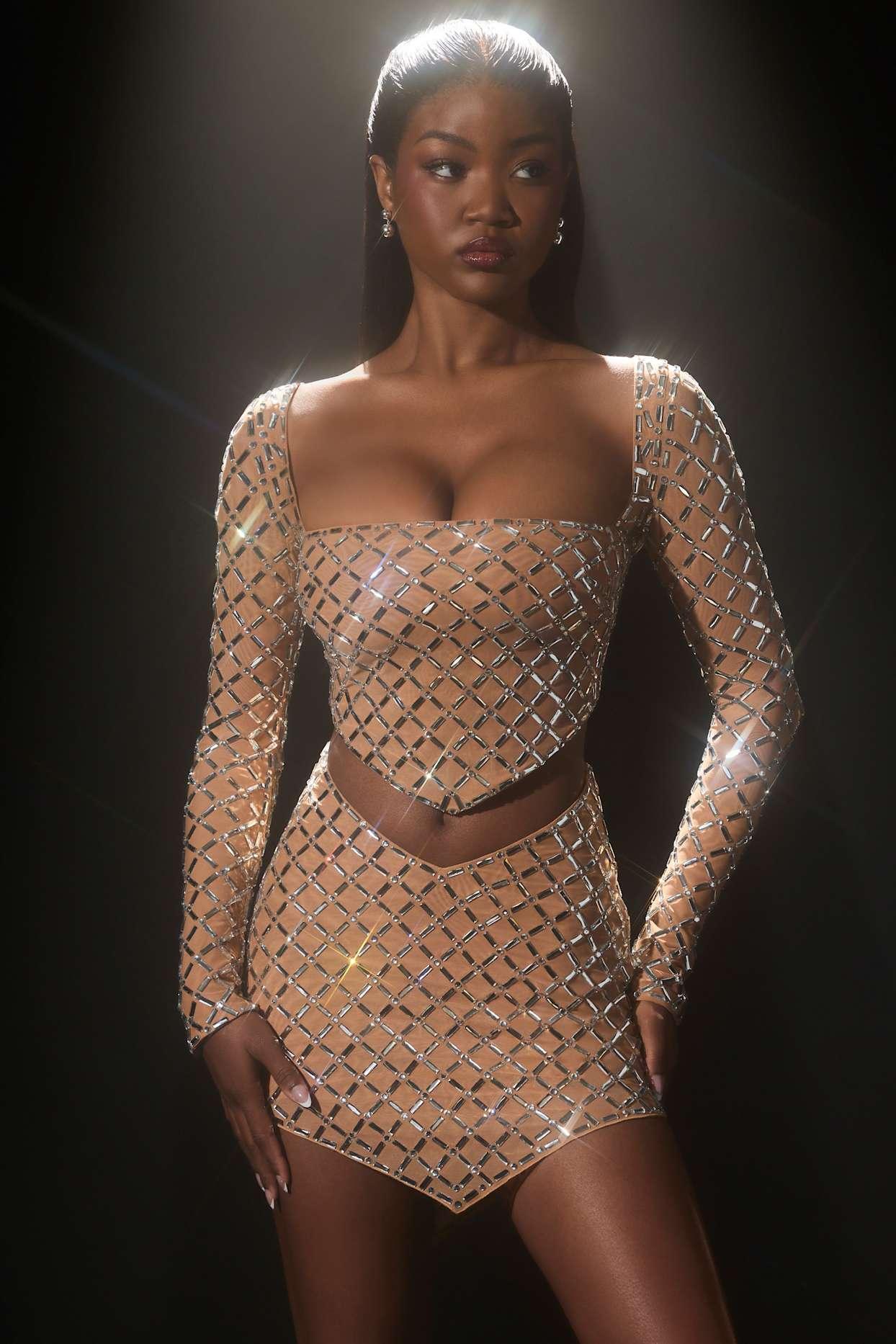 Embellished Asymmetric Crop Top in Almond Product Image