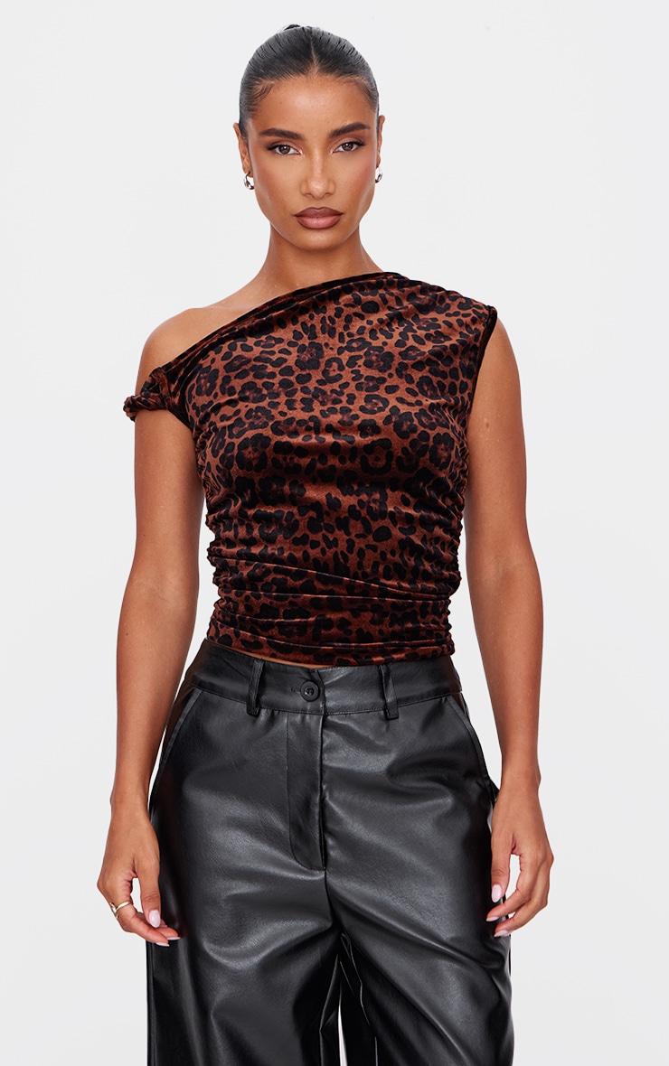 Brown Velvet Leopard Printed Asymmetric Shoulder Detail Long Top Product Image
