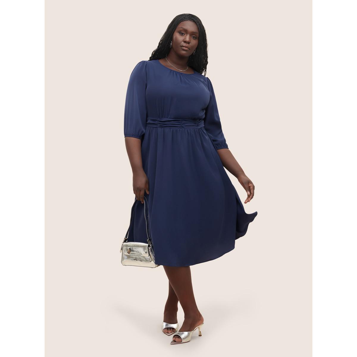 Plus Size Solid Elastic Waist Ruched Dress DarkBlue Women At the Office Non Round Neck Elbow-length sleeve Curvy Midi Dress BloomChic 12/L Product Image