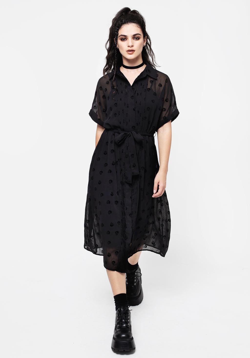 Bones Flocked Pintuck Chiffon Midi Shirt Dress Product Image