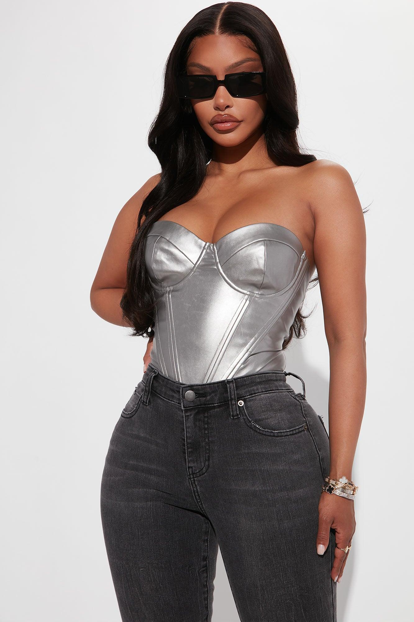 Valentina Metallic PU Corset Bodysuit - Silver Product Image