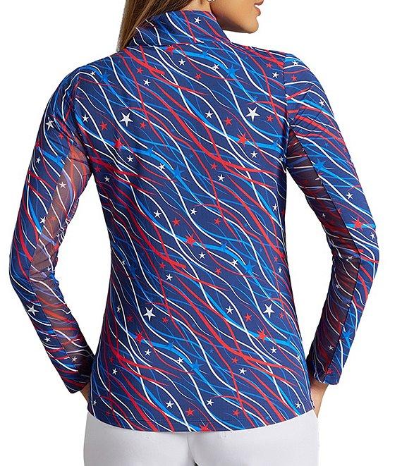 IBKUL Patriotic Confetti Print Zip Mock Neck Long Sleeve Pullover Product Image