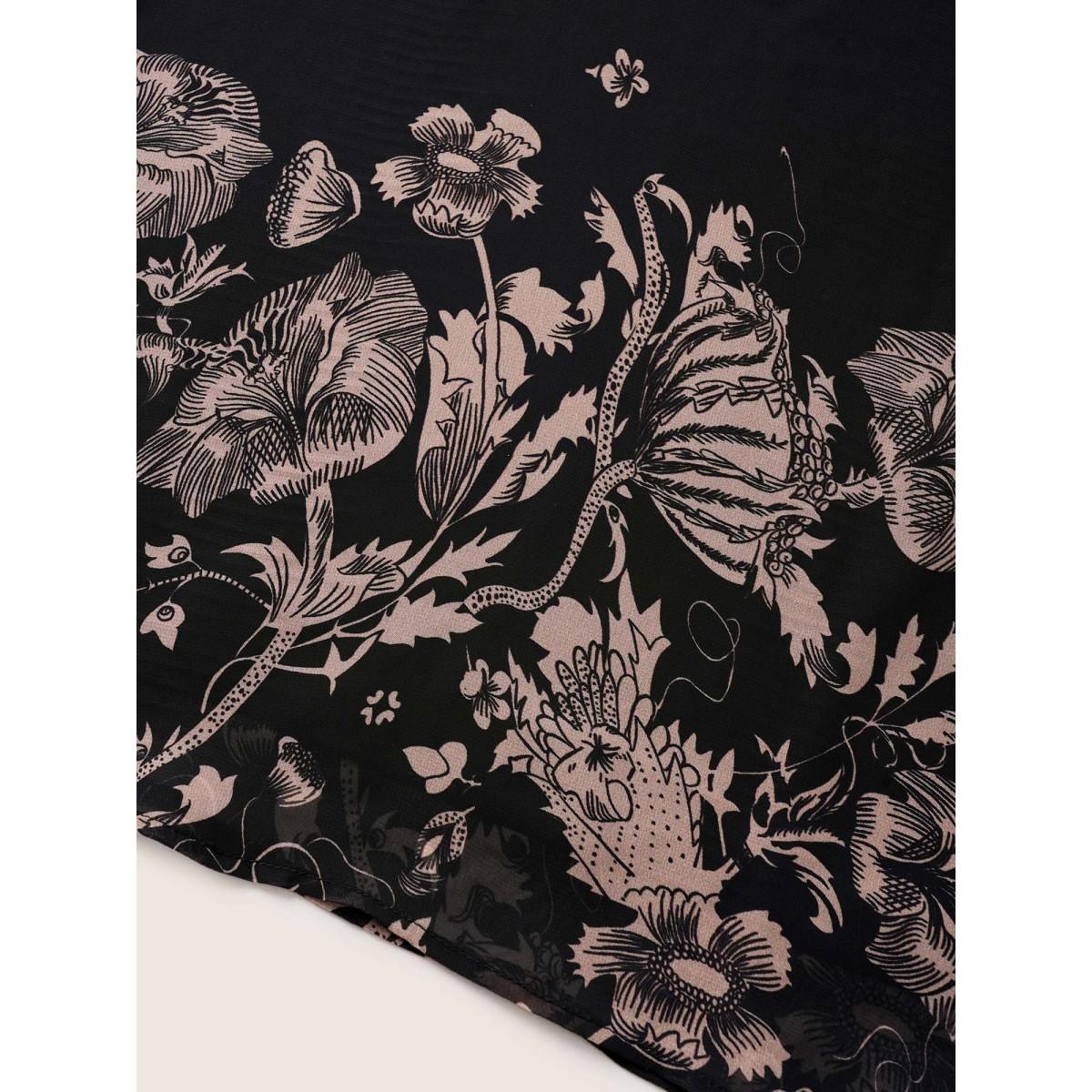 Plus Size Black Boho Print Patchwork Mesh Frill Trim Blouse Women Resort Half Sleeve Notched collar Vacation Blouses BloomChic 12/L Product Image