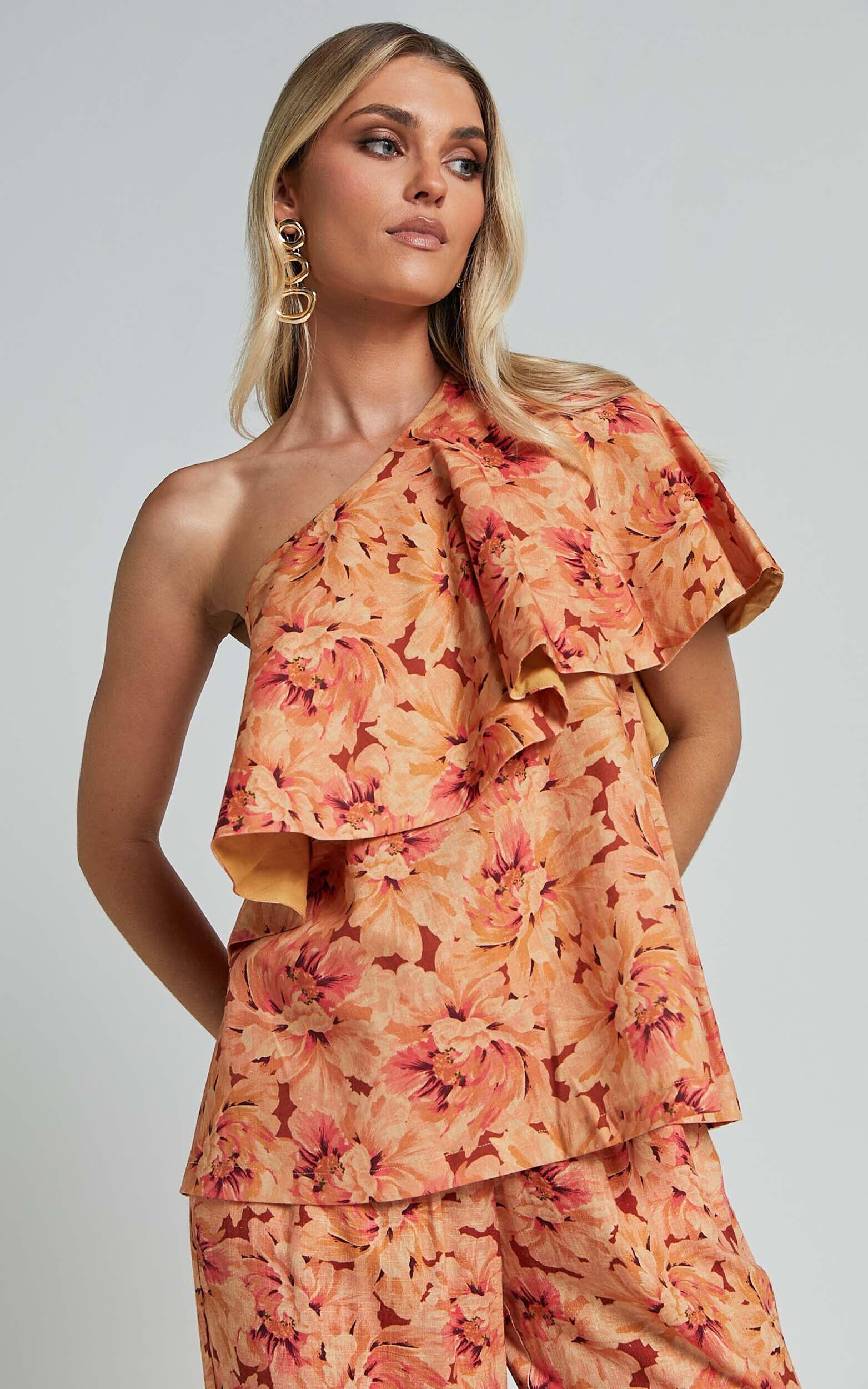 Amalie The Label - Aiko Linen Look Blend One Shoulder Frill Top in Valencia Print Product Image