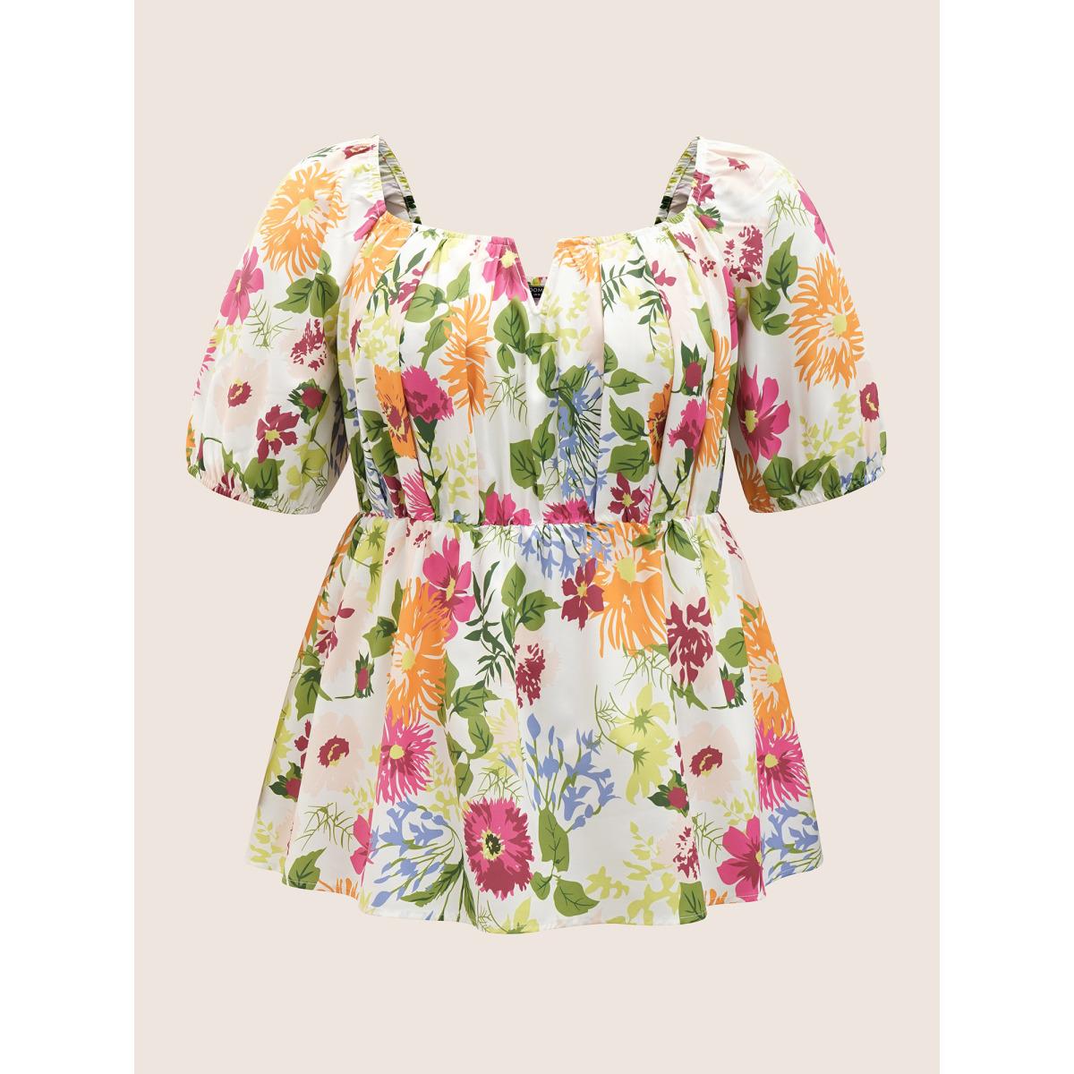 Plus Size Multicolor Floral Notched Collar Lantern Sleeve Blouse Women Elegant Half Sleeve Notched collar Everyday Blouses BloomChic 22-24/3X Product Image