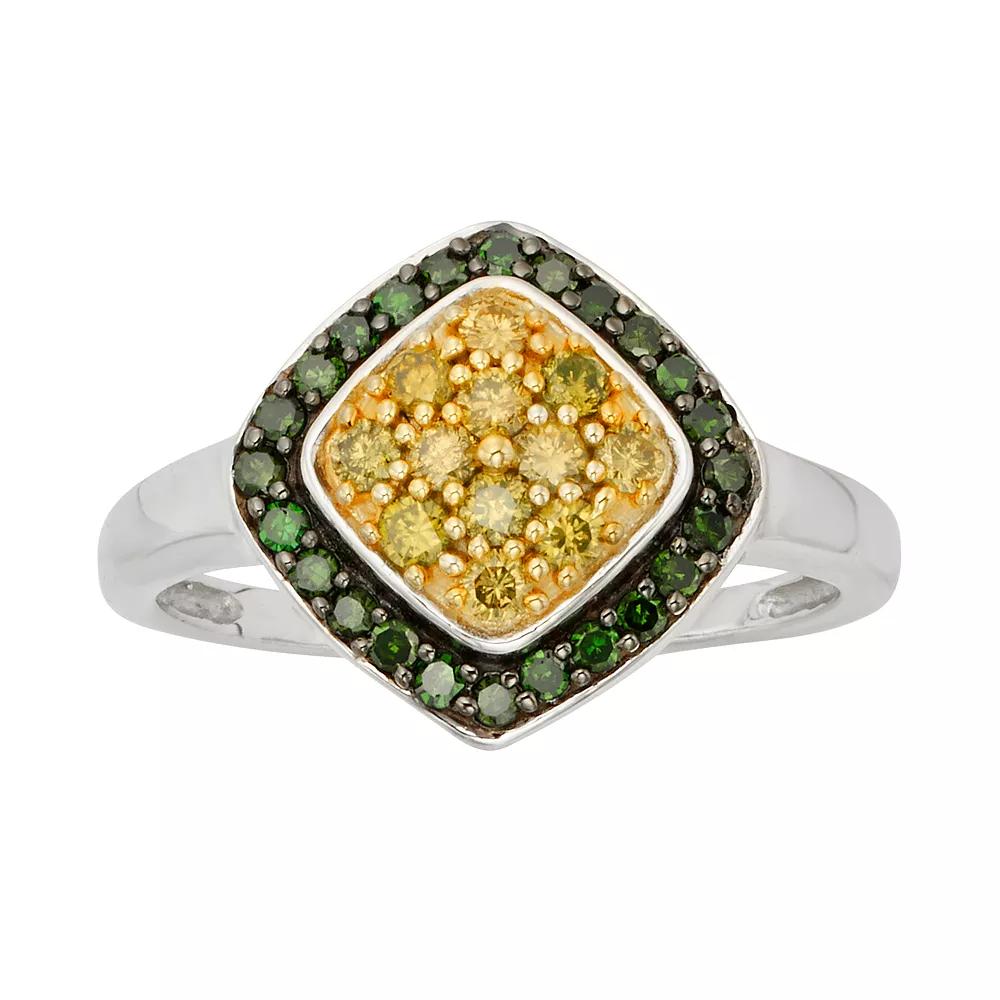 Jewelexcess Sterling Silver 1/2-ct. T.W. Green and Yellow Diamond Halo Ring, Women's, Size: 6, Multicolor Product Image