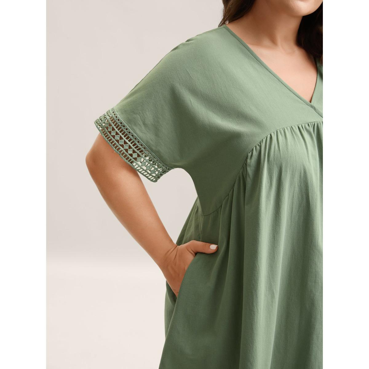 Plus Size Pure Cotton Lace Trim Sleeve Midi Dress Sage Women V-neck Short sleeve Curvy BloomChic 14-16/1X Product Image