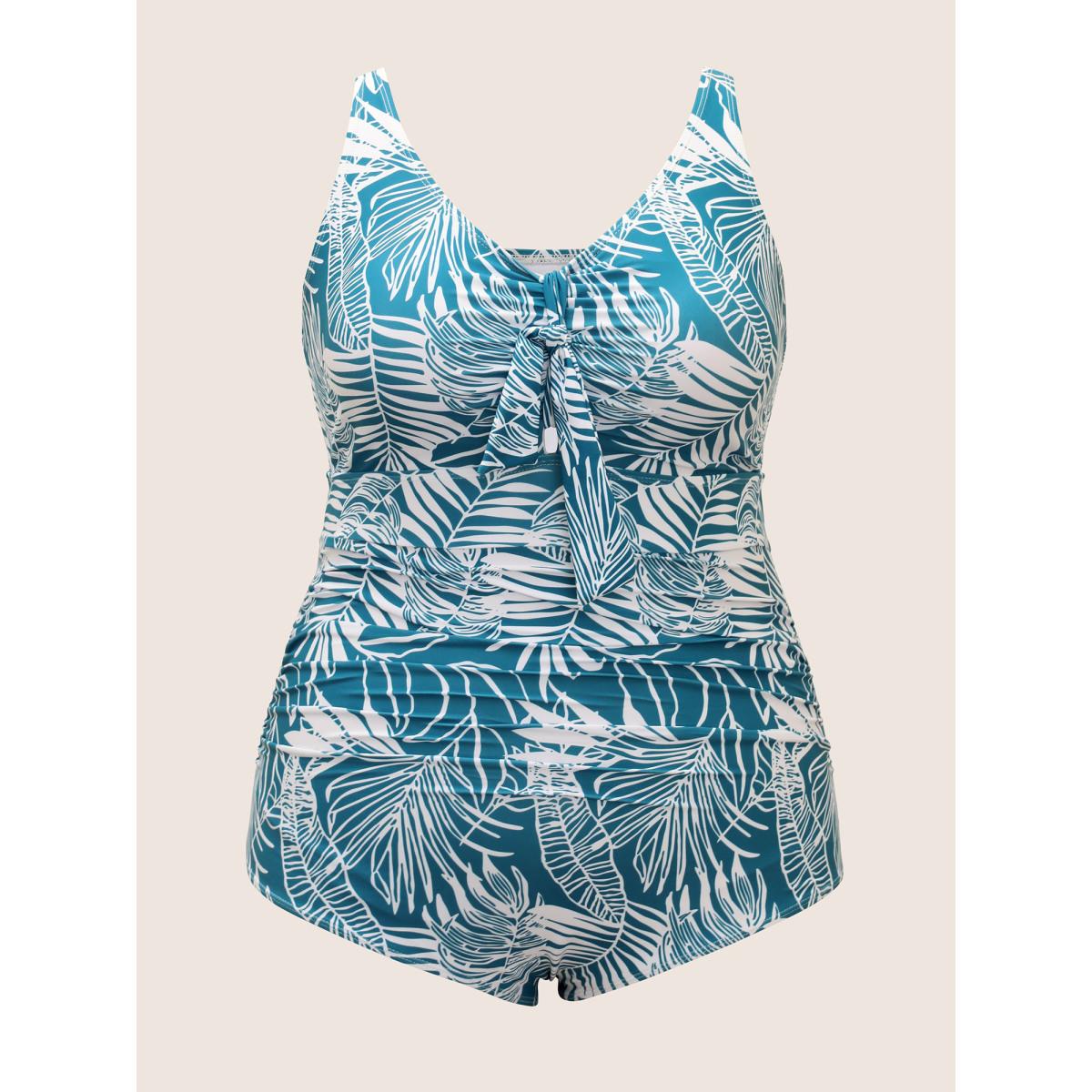Plus Size Tropical Print Knotted Gathered One Piece Swimsuit Women's Swimwear Cerulean Beach Gathered Curve Bathing Suits High stretch One Pieces BloomChic 22-24/3X Product Image