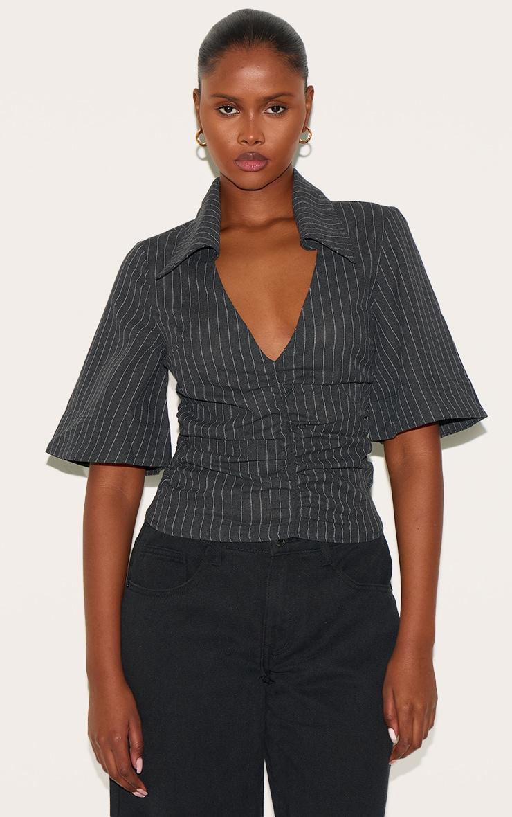 Charcoal Pinstripe Fitted Boxy Sleeve Shirt Product Image