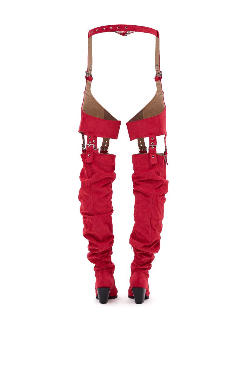 AZALEA WANG XOMARIA RED FAUX SUEDE WESTERN CHAP BOOT Product Image