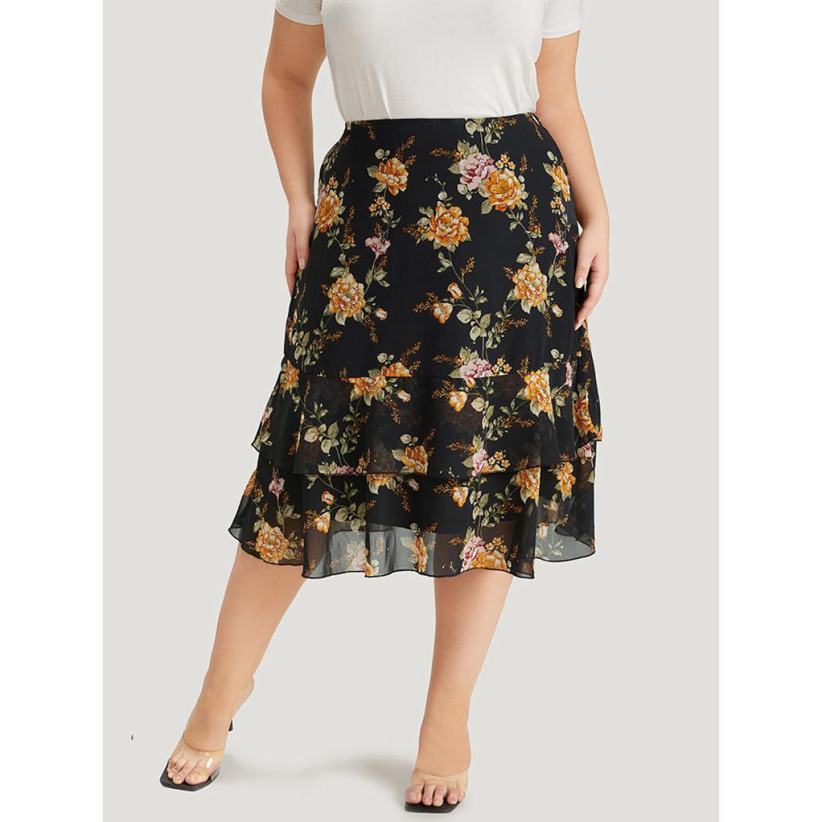 Plus Size Floral Printed Flutter Layered Skirt Women Black Elegant See through No stretch Pocket Dailywear Skirts BloomChic 12/L Product Image