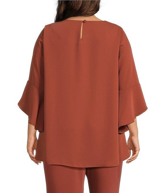 Caroline Rose Plus Size Julia Matte Crepe Round Neck 3/4 Ruffled Sleeve High-Low Hem Top Product Image