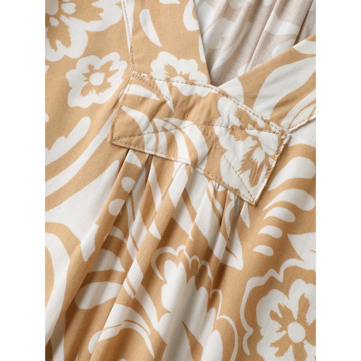 Plus Size Paisley Print Notched Collar Lace Midi Dress LightBrown Women Flat collar with V-notch Elbow-length sleeve Curvy BloomChic 22-24/3X Product Image