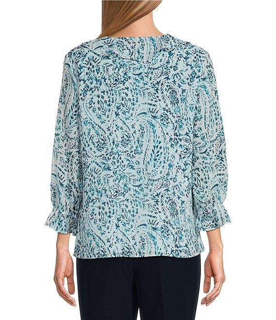Investments Riley Woven Soft Blue Paisley Cascading Ruffle V-Neck 3/4 Sleeve Top Product Image
