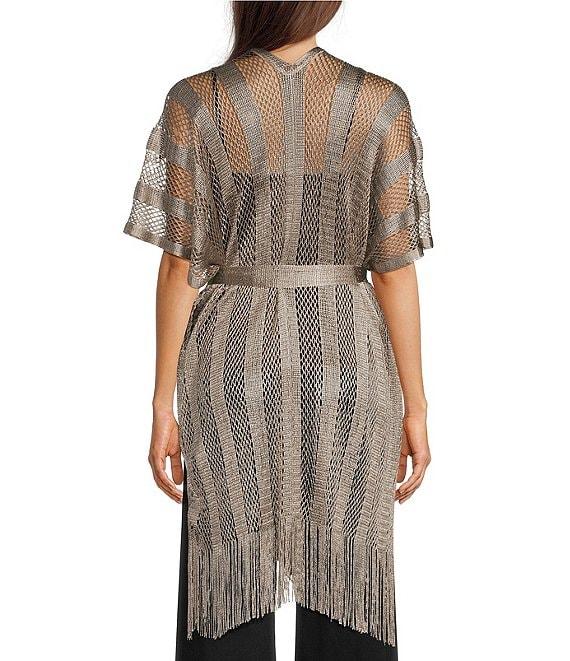 Vince Camuto Short Sleeve Mesh Net Fringe Tie Front Topper Product Image