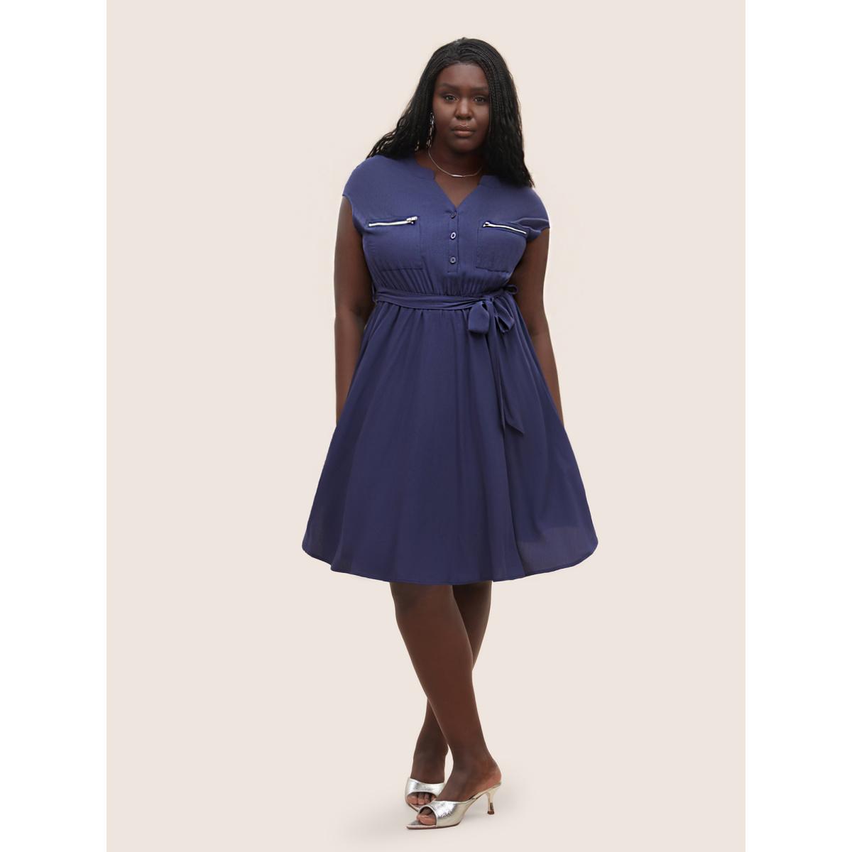 Plus Size Supersoft Essentials Solid Belted Zipper Dress Navy Women At the Office Non Notched collar Sleeveless Curvy Midi Dress BloomChic 30/6X Product Image