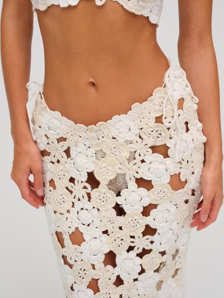 Floral Crochet Coverup Midi Skirt — White Product Image