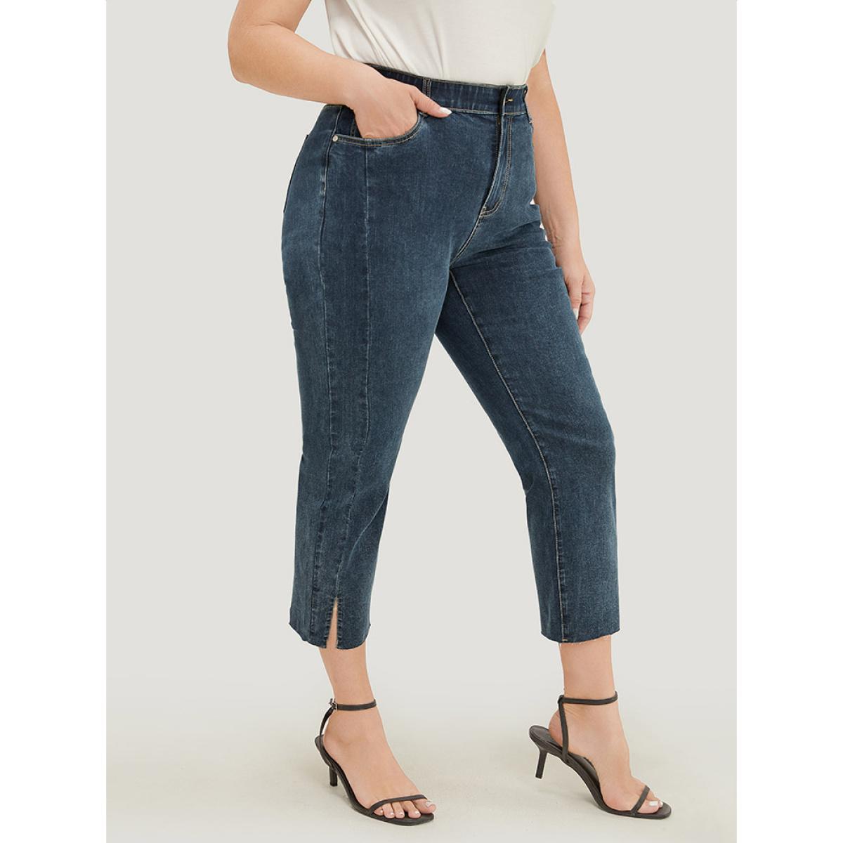 Plus Size Very Stretchy High Rise Dark Wash Split Jeans Women Midnight Casual Plain Slit High stretch Pocket Jeans BloomChic 12/L Product Image