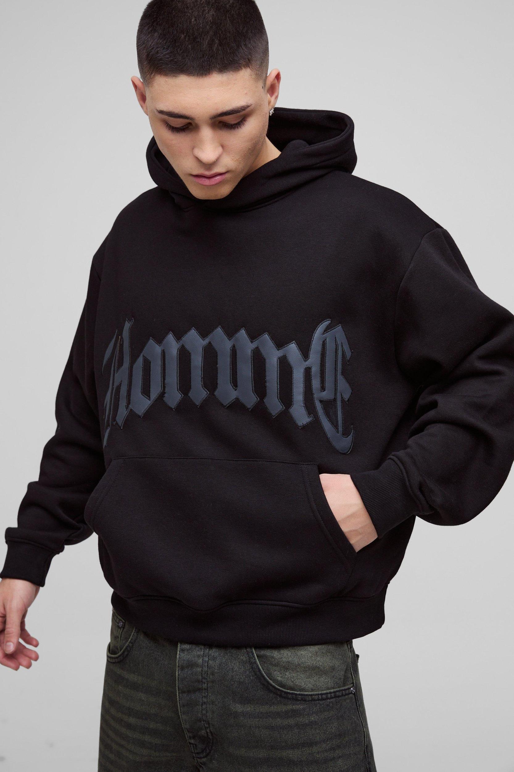 Oversized Boxy Homme PU Applique Hoodie | boohooMAN USA Product Image