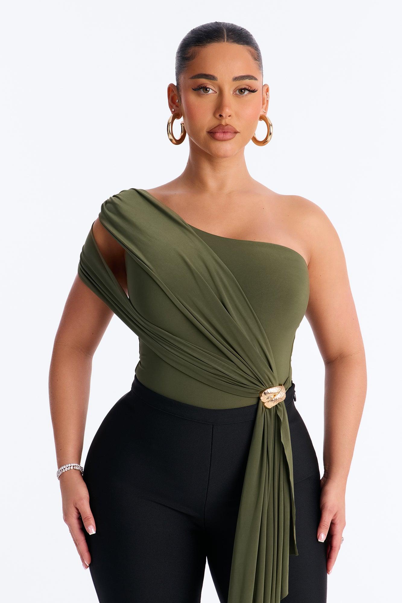 Roma Muse One Shoulder Draped Bodysuit - Olive Female Product Image