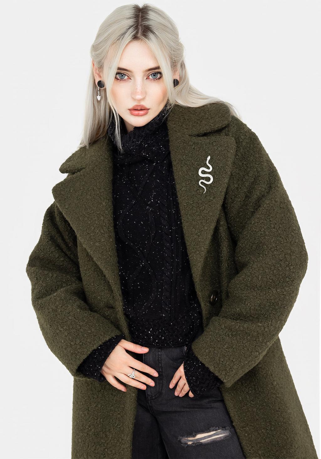 Gorgon Bouclé Oversized Coat with Snake Brooch - Green Product Image