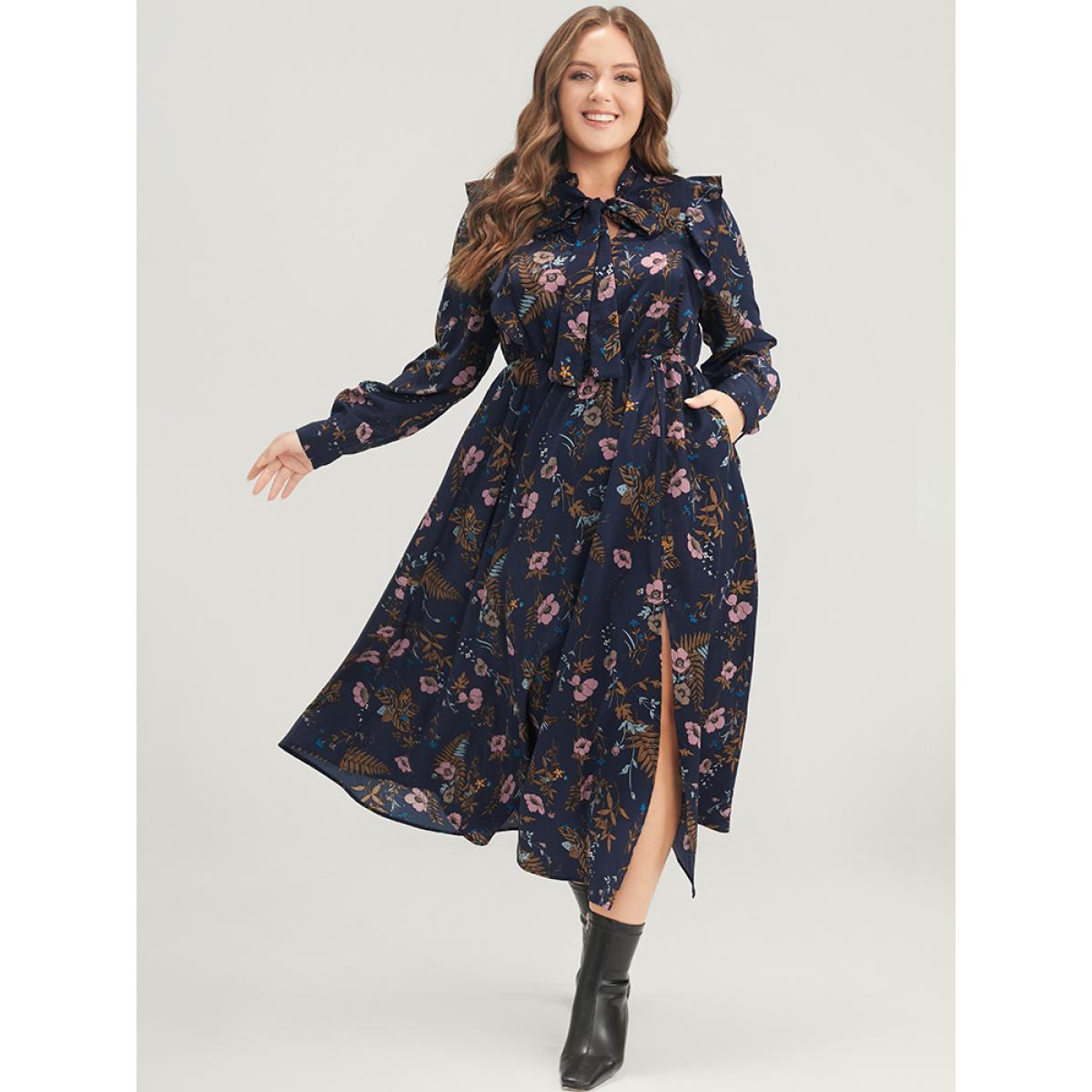 Plus Size Floral Pocket Knotted Neck Ruffle Trim Split Dress DarkBlue Women Elegant Knotted Tie Neck Long Sleeve Curvy Midi Dress BloomChic 18-20/2X Product Image
