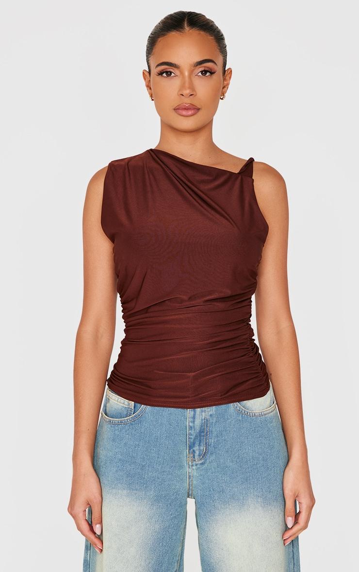 Chocolate Slinky Ruched Twist Strap Detail Long Top Product Image