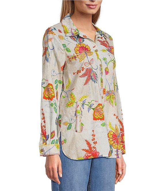 John Mark Embroidered Floral Point Collar Long Roll-Tab Sleeve Button Front Blouse Product Image
