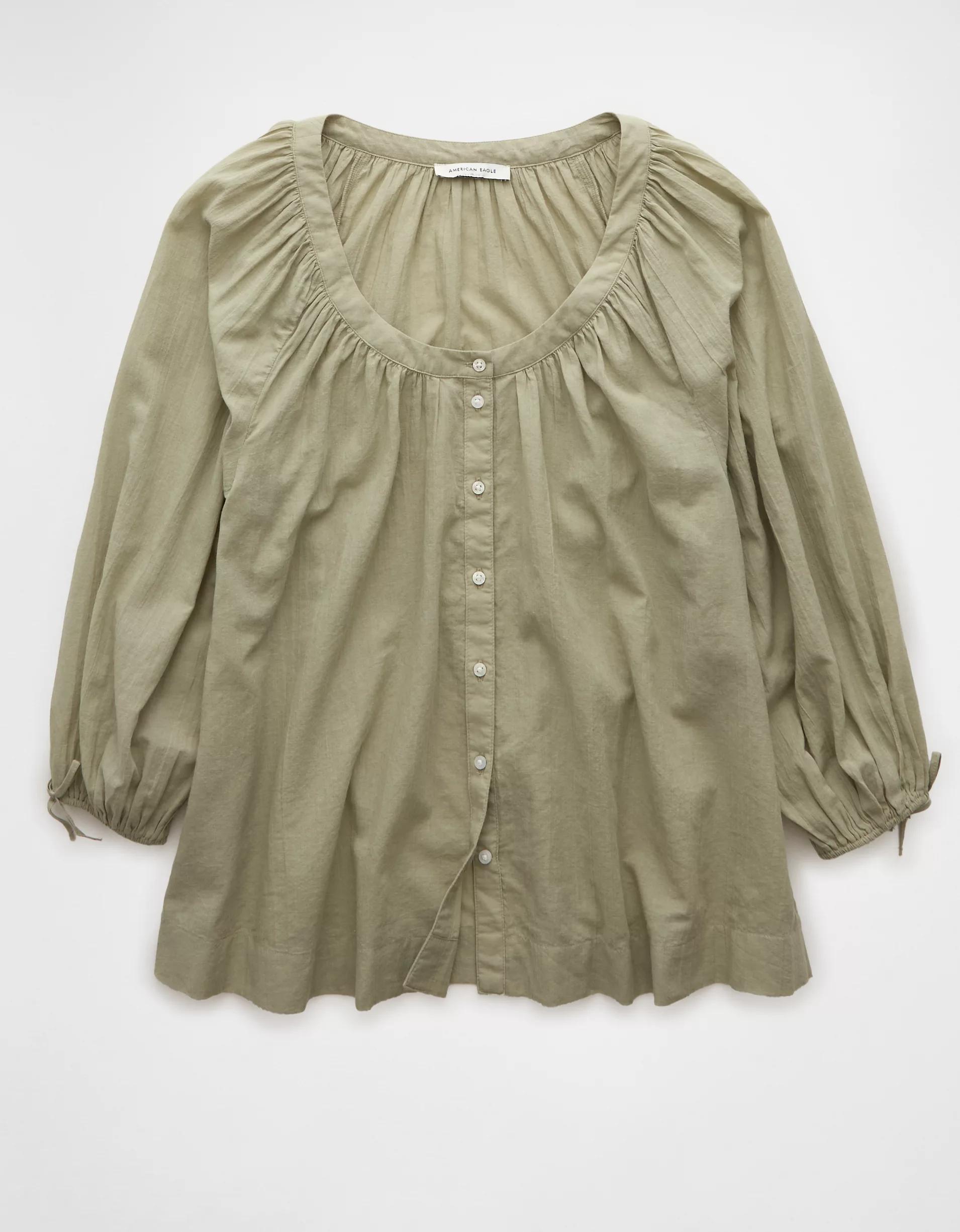 AE Long-Sleeve Open Neck Blouse Product Image