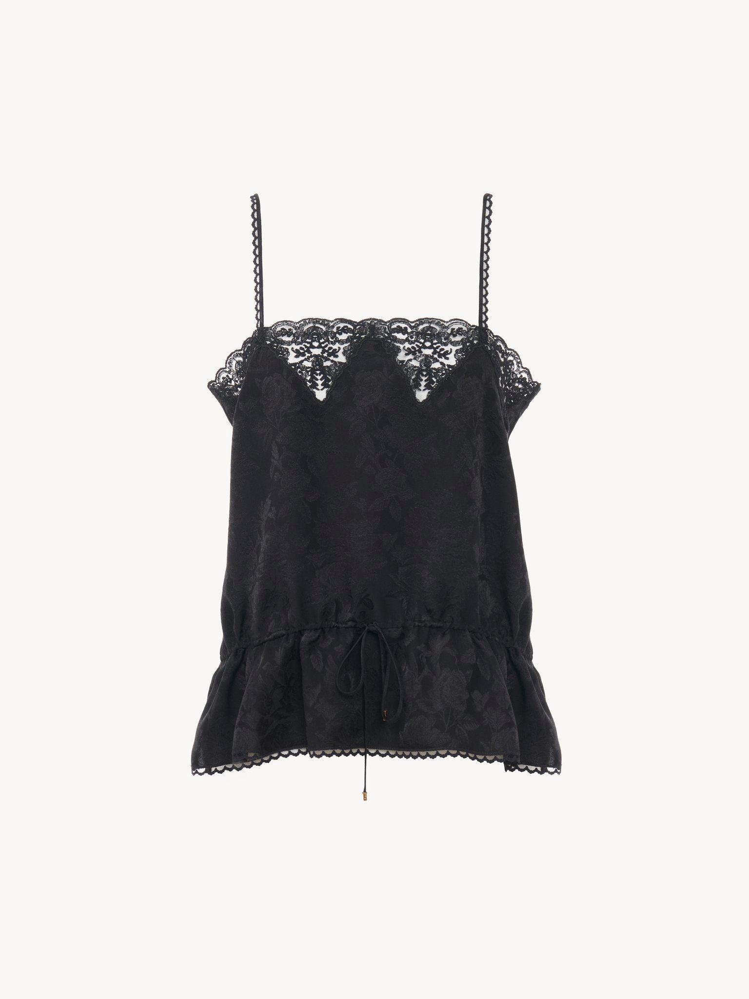 Drawstring camisole top in silk jacquard & lace Product Image